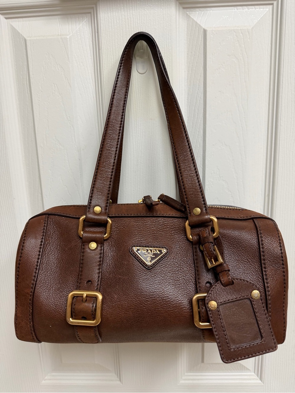 Prada Brown Leather Barrel Handbag with Gold Hardware